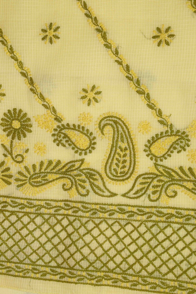 Ada Hand Embroidered Yellow Kota Lucknowi Chikan Unstitched Kurta Piece A590537