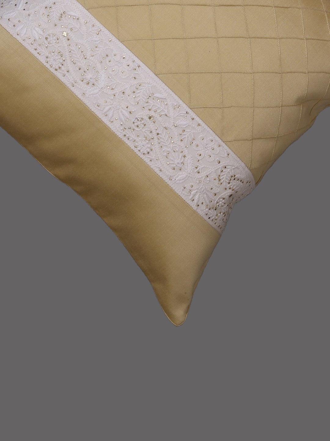 Ada Hand Embroidered Fawn Cotton Lucknowi Chikankari Cushion Cover with Muqaish Work A011108