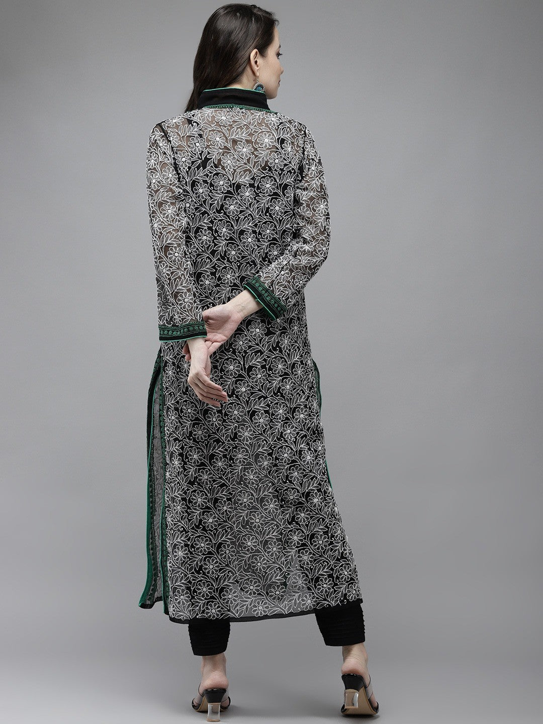 Ada Hand Embroidered Black Georgette Lucknow Chikan Kurta A411270