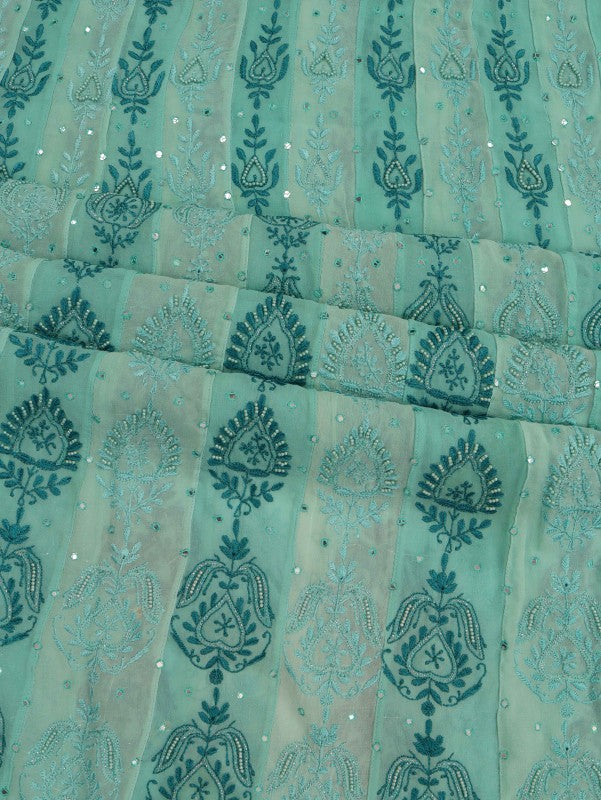Ada Hand Embroidered Green Pure Georgette Lucknowi Chikan Unstitched Anarkali with Pearl & Mirror Work A61317