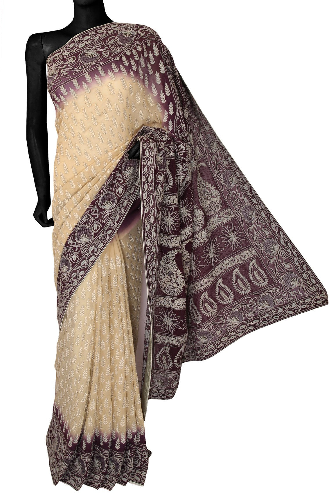 Ada Hand Embroidered Cream & Wine Ombre shade Pure Georgette Lucknowi Chikankari Saree/Blouse With Zari Work A59038