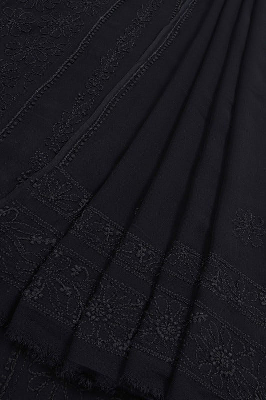 Ada Hand Embroidered Black Georgette Lucknowi Chikan Semi-Stitched Anarkali Kurta Dupatta Set A517238