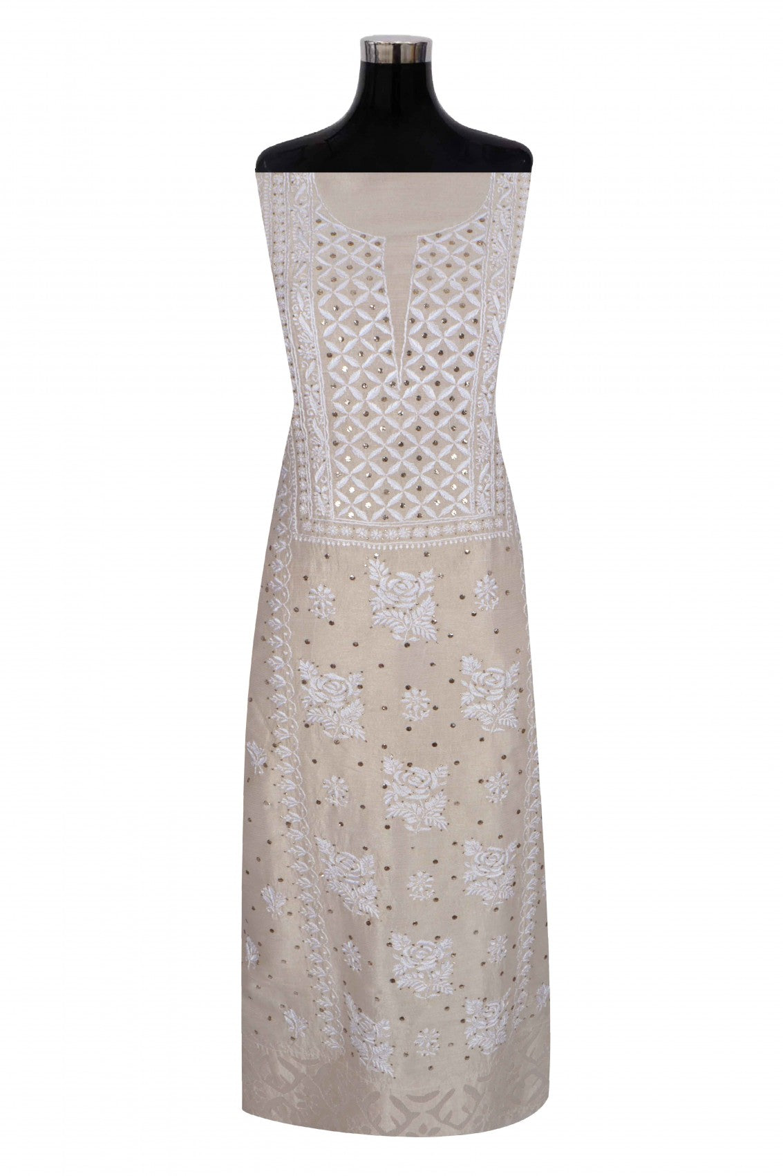 Ada Hand Embroidered Fawn Silk Lucknowi Chikankari Unstitched Kurta Dupatta Set With Muqaish Work 01A243066