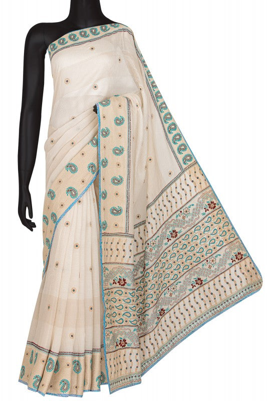 Ada Hand Embroidered Cream Chanderi Lucknowi Chikankari Saree With Blouse- A70603
