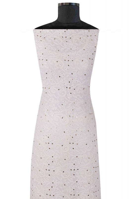 Ada Hand Embroidered White Georgette Lucknowi Chikan Unstitched Kurta Piece with Muqaish Work A619730