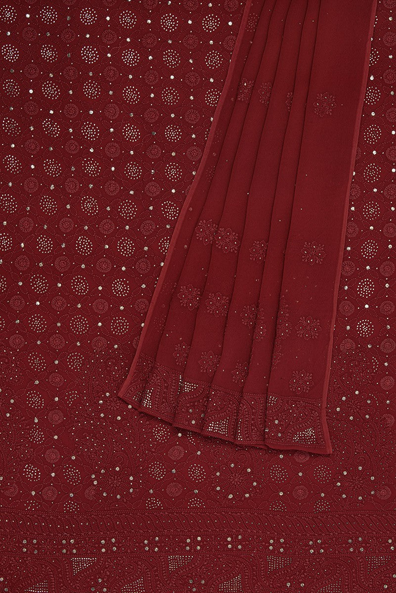 Ada Hand Embroidered Garnet Red Georgette Lucknowi Chikan Unstitched Kurta Dupatta Set With Muqaish Work- A610637