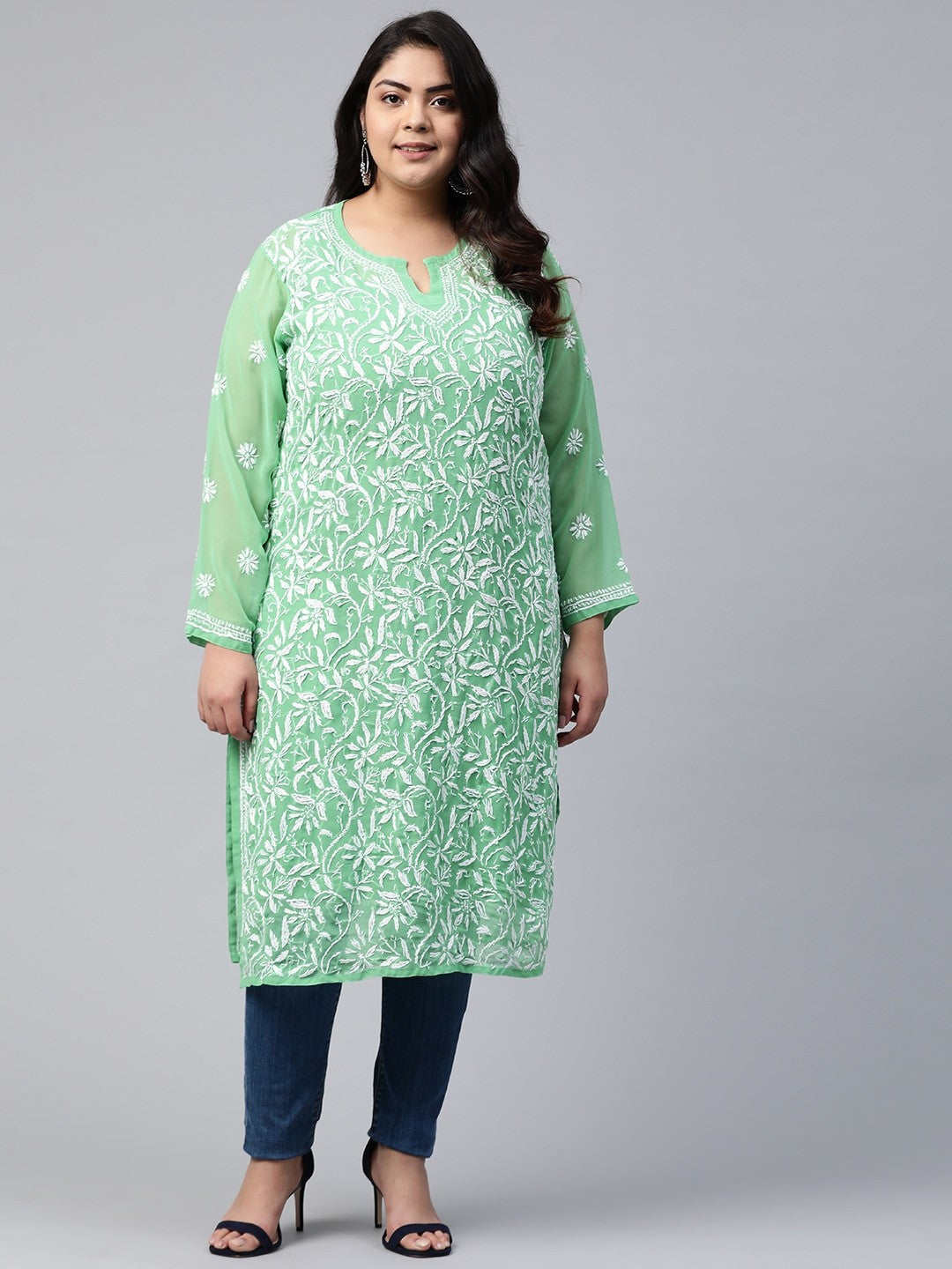 Ada Hand Embroidered Green Georgette Lucknowi Chikankari Straight Kurta with Slip A229644