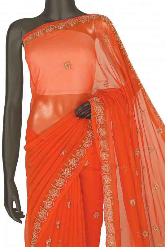 Ada Hand Embroidered Salamander Orange Georgette Lucknowi Chikankari Saree with Blouse A284586