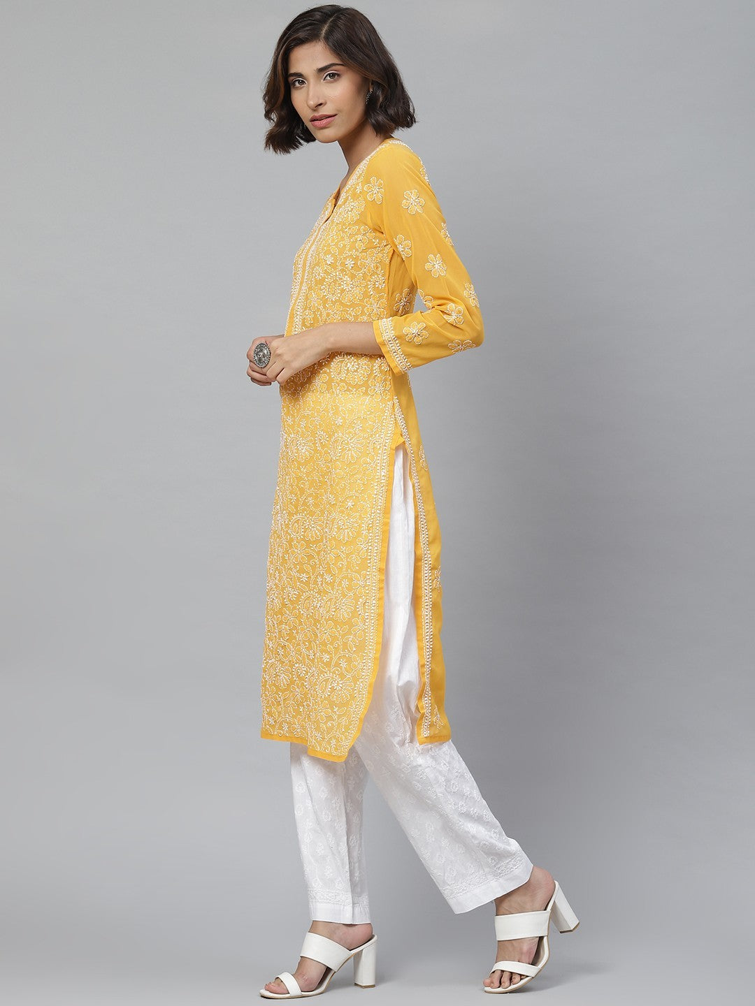 Ada Hand Embroidered Mustard Georgette Lucknowi Chikankari Straight Kurta With Palazzo A811115