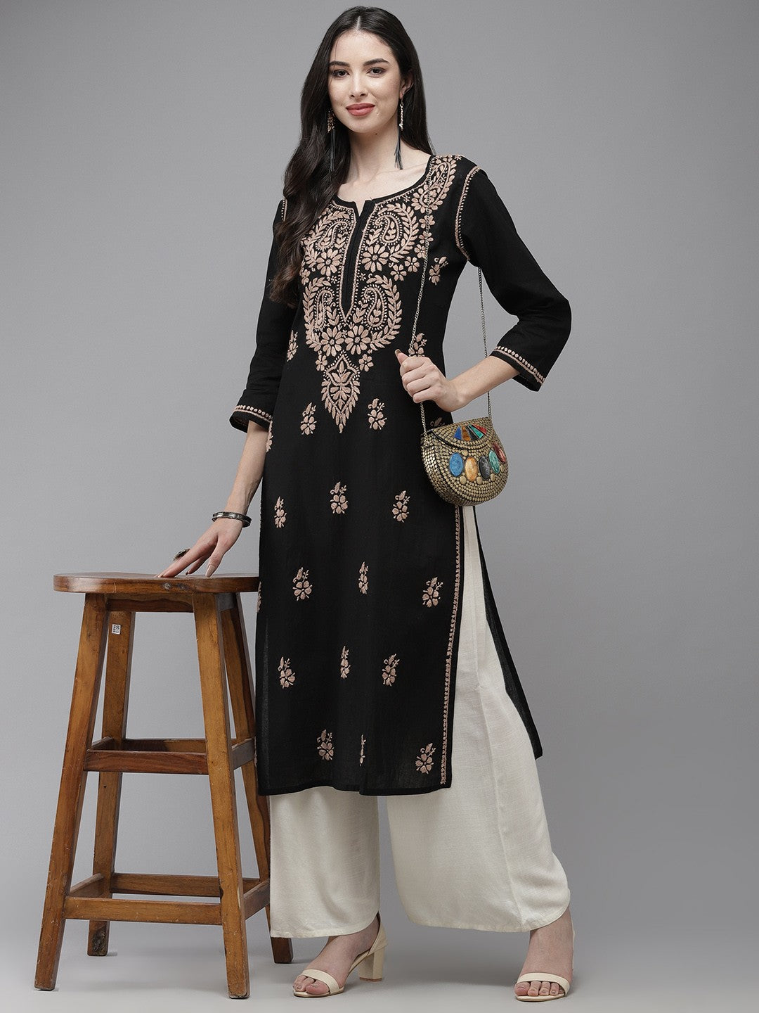 Ada Hand Embroidered Black Cotton Lucknow Chikankari Straight Kurta A411338