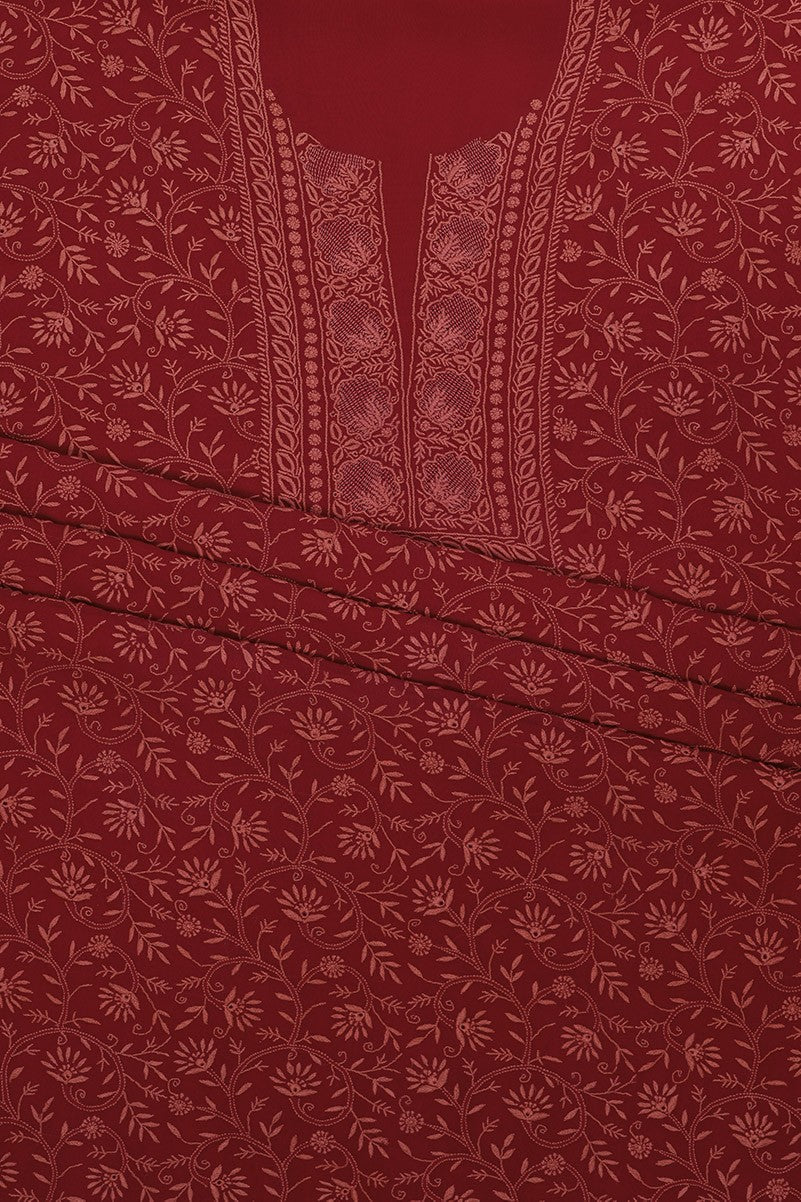 Ada Hand Embroidered Maroon Pure Georgette Lucknowi Chikan Unstitched Kurta Dupatta Set A511814