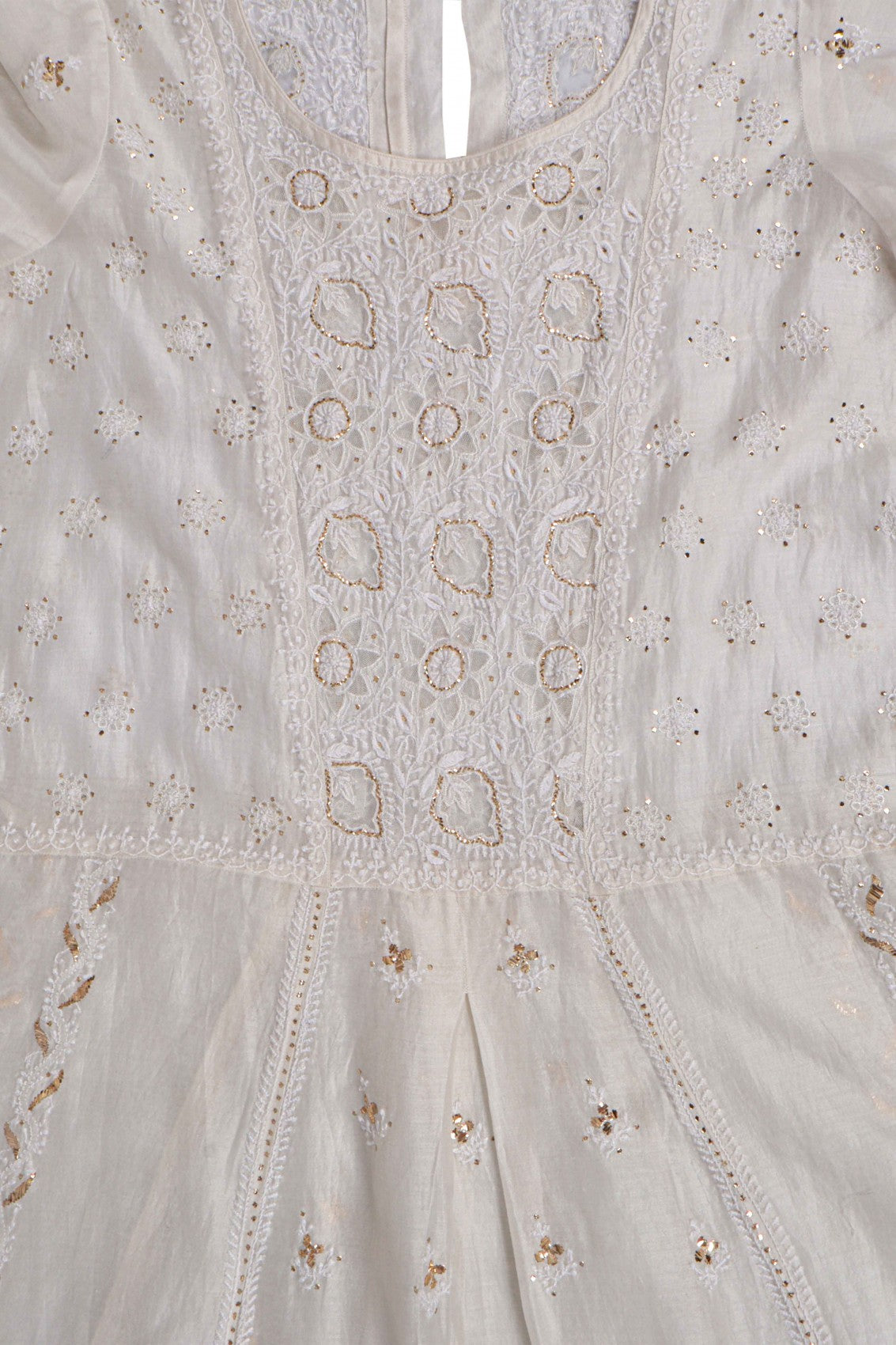 Ada Hand Embroidered Off White Chanderi Lucknowi Chikankari Semi Stitched Anarkali Kurta Dupatta Set With Muqaish Work 01A107812