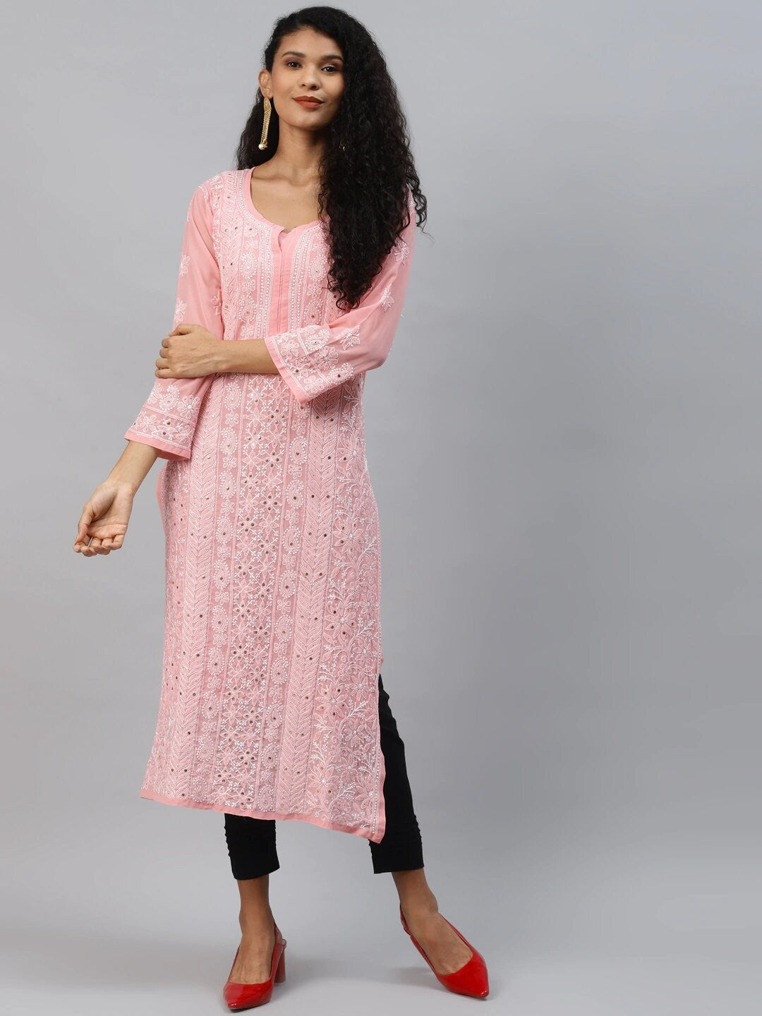 Ada Hand Embroidered Peach Georgette Lucknow Chikankari Straight Kurta/Slip with Muqaish Work A411218