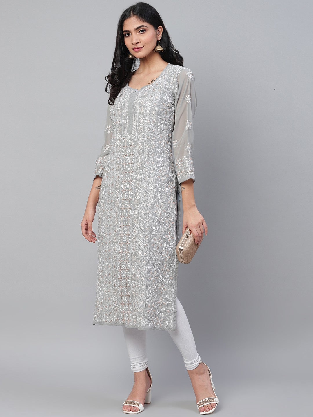Ada Hand Embroidered Grey Georgette Lucknow Chikankari Straight Kurta/Slip with Gota patti Work A411115
