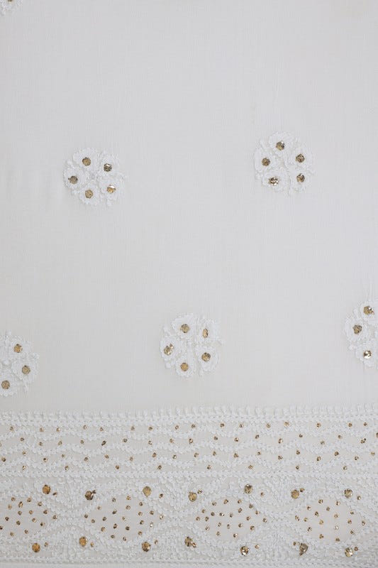Ada Hand Embroidered White Georgette Lucknowi Chikankari Semi-stitched Anarkali Kurta Dupatta Set With Muqaish Work- A621527
