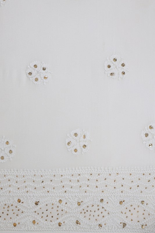 Ada Hand Embroidered White Georgette Lucknowi Chikankari Semi-stitched Anarkali Kurta Dupatta Set With Muqaish Work- A621527