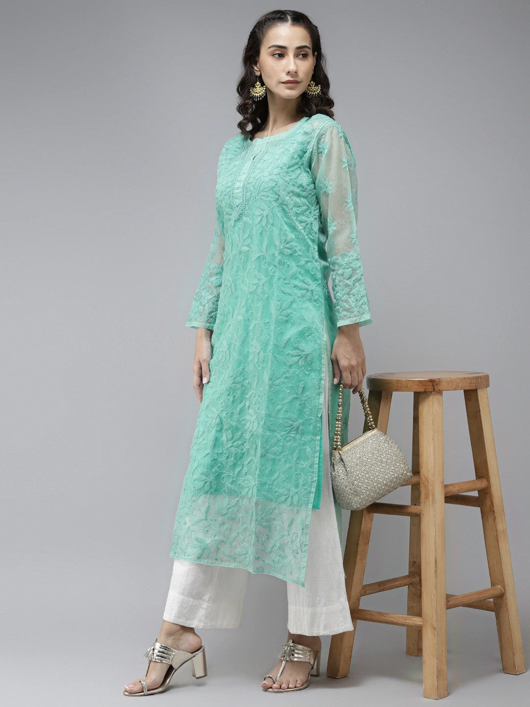 Ada Hand Embroidered Sea Green Organza Lucknowi Chikankari Straight Kurta With Slip- A411242