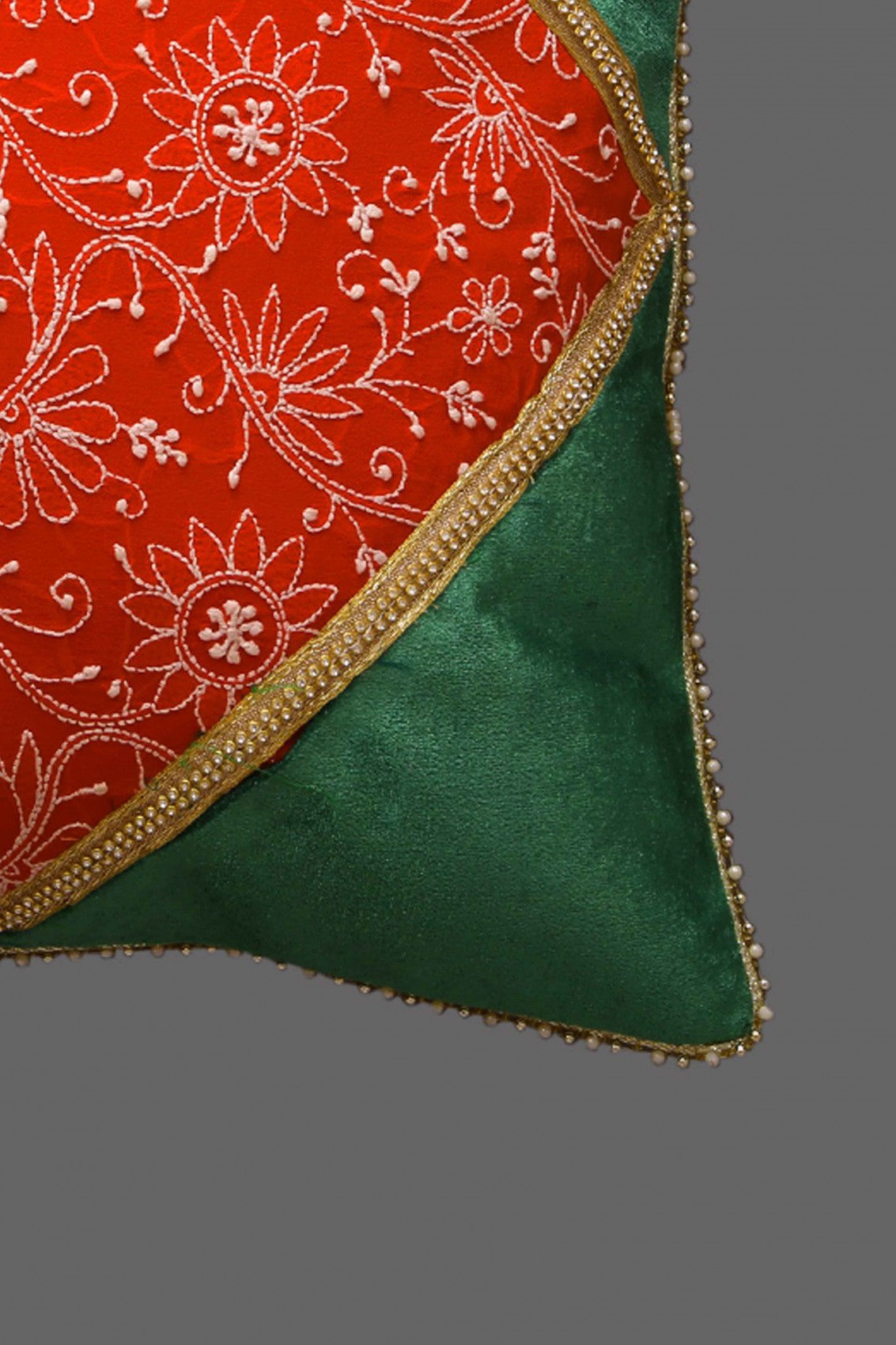 Ada Hand Embroidered Green/Red Pure Georgette Lucknowi Chikankari Cushion Cover Set Of 2 A333824