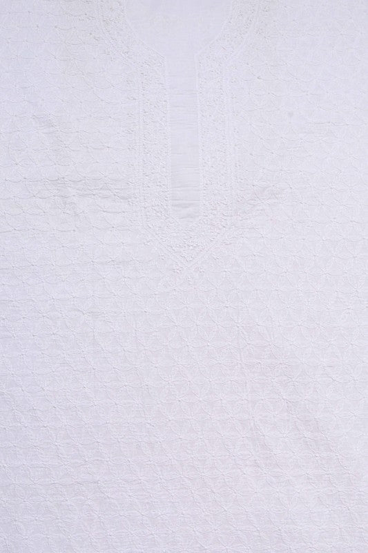 Ada Hand Embroidered White Cotton Lucknowi Chikan Unstitched Men's Kurta Piece A617092