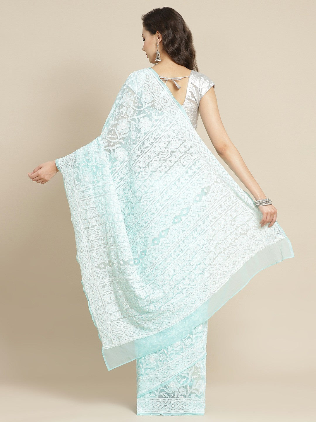 Ada Hand Embroidered Sea Green Georgette Lucknow Chikan Saree With Blouse A311324