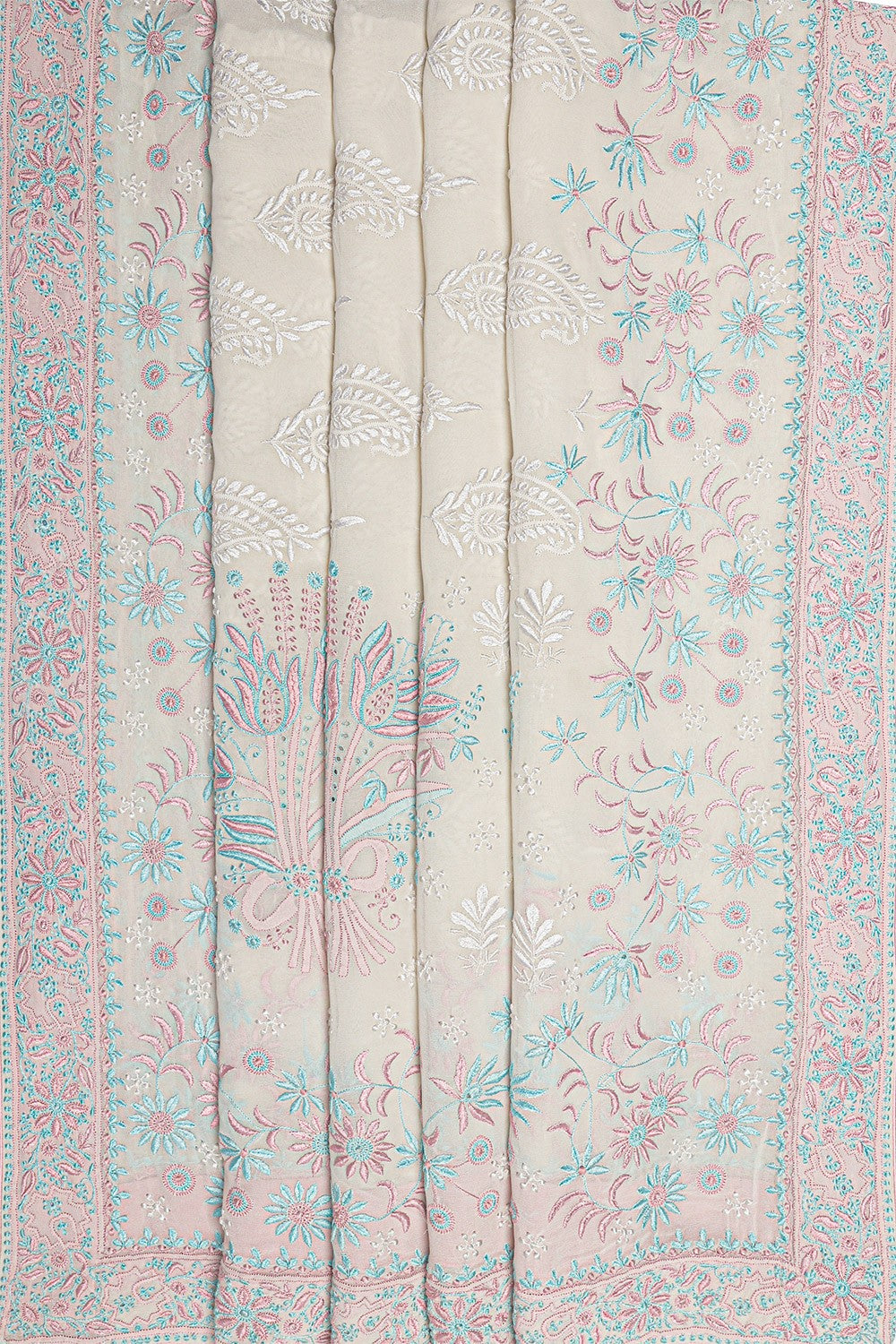 Ada Hand Embroidered White Pure Georgette Lucknowi Chikankari Saree with Blouse A51513