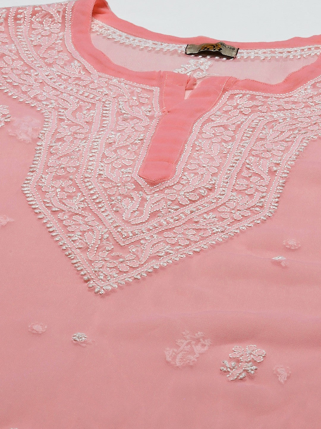 Ada Hand Embroidered Peach Georgette Lucknowi Chikankari Straight Kurta With Slip A411194