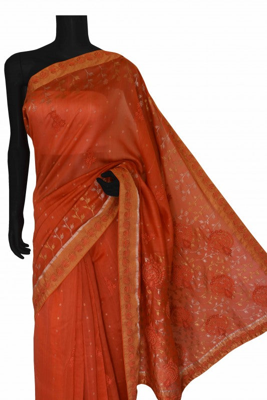 Ada Hand Embroidered Rust Chanderi Lucknowi Chikankari Saree With Blouse A291932