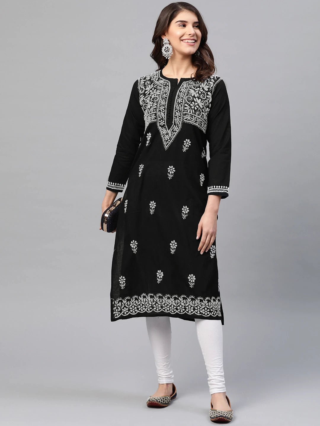 Ada Hand Embroidered Black Cotton Lucknowi Chikankari Straight Kurta A341075