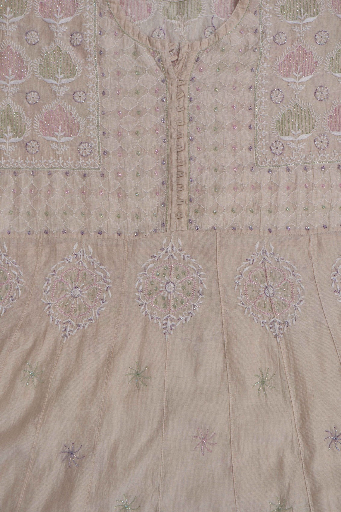 Ada Hand Embroidered Natural Fawn Tissue Lucknowi Chikankari Semi-Stitched Anarkali Kurta Dupatta Set With Cutdana Work 01A187880