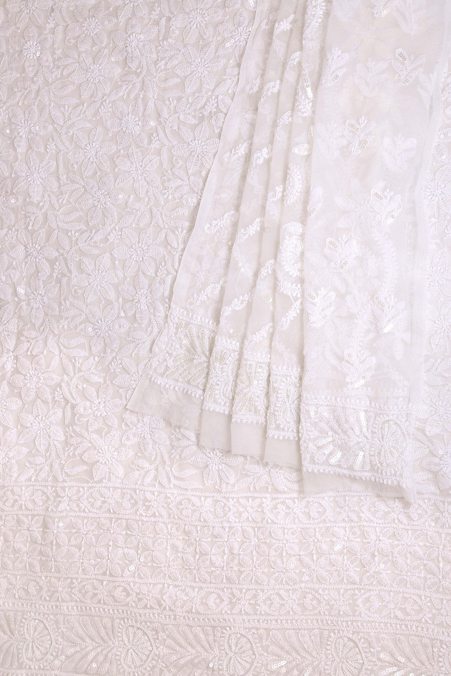 Ada Hand Embroidered White Georgette Lucknowi Chikan Unstitched Kurta Dupatta Set with Pearl & Sequinned A619056