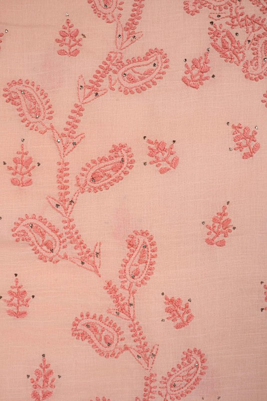 Ada Hand Embroidered Peach Cotton Lucknowi Chikan Unstitched Kurta Piece With Muqaish Work A281435