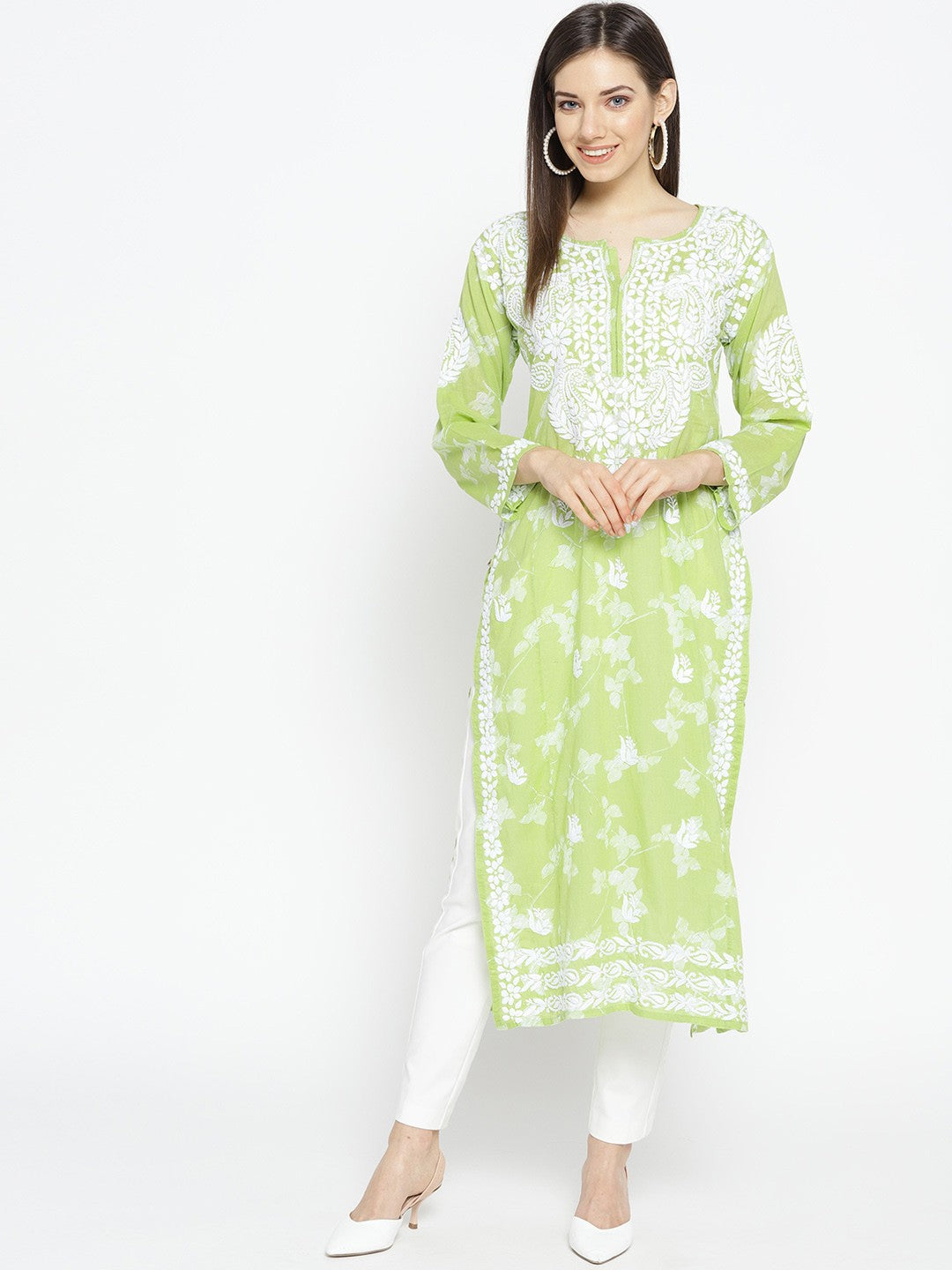 Ada Hand Embroidered Green Cotton Lucknowi Chikankari Straight Kurta A100113
