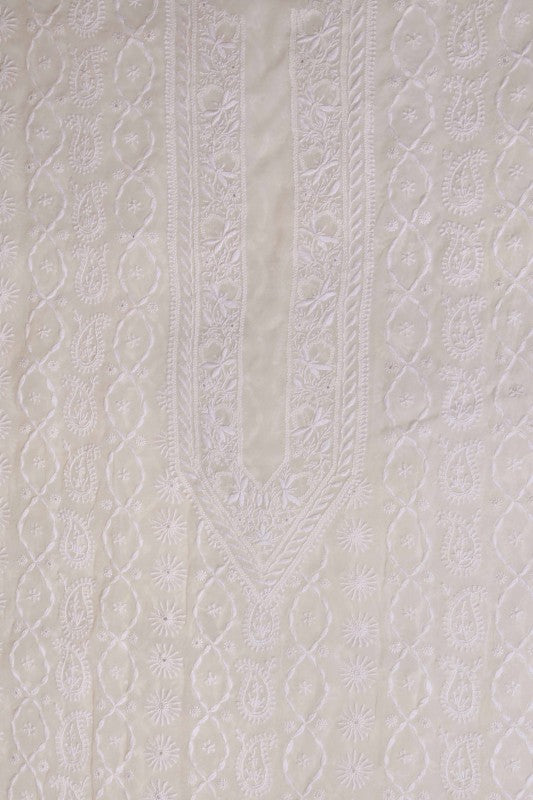 Ada Hand Embroidered Off White Pure Georgette Lucknowi Chikankari Unstitched Men's Kurta Piece 01A85993
