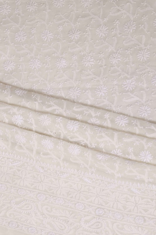 Ada Hand Embroidered Off White Pure Georgette Lucknowi Chikan Unstitched Kurta Piece-A625464