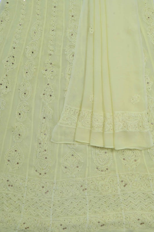 Ada Hand Embroidered Lemon Georgette Lucknowi Chikankari Semi-Stitched Anarkali Kurta Dupatta Set With Muqaish Work A607089