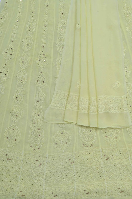 Ada Hand Embroidered Lemon Georgette Lucknowi Chikankari Semi-Stitched Anarkali Kurta Dupatta Set With Muqaish Work A607089