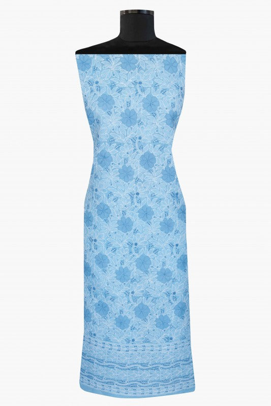 Ada Hand Embroidered Blue Cotton Lucknowi Chikan Unstitched Suit Piece-A100303