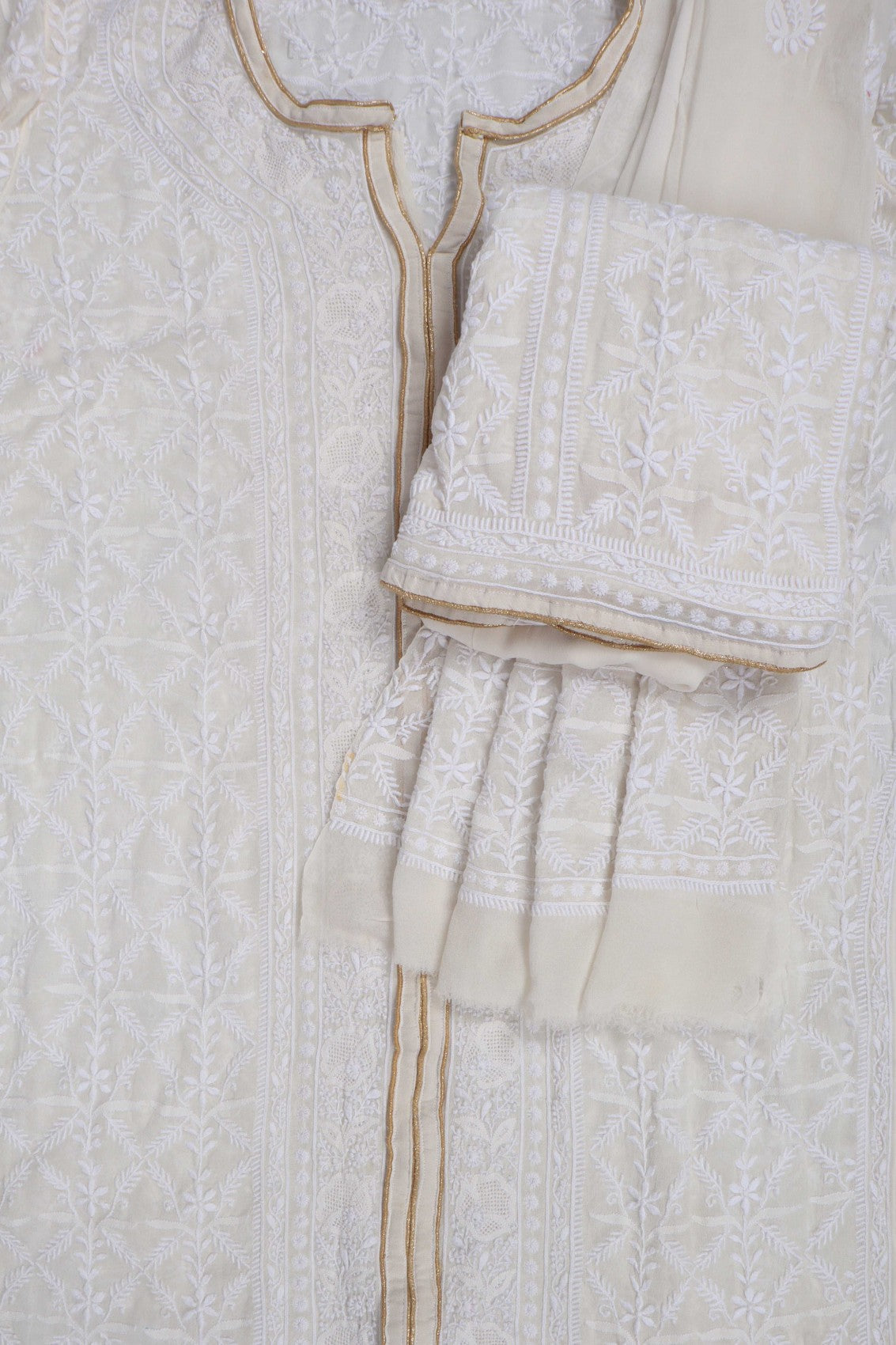 Ada Hand Embroidered Off White Pure Georgette Lucknowi Chikankari Semi-Stitched Suit Set A350967