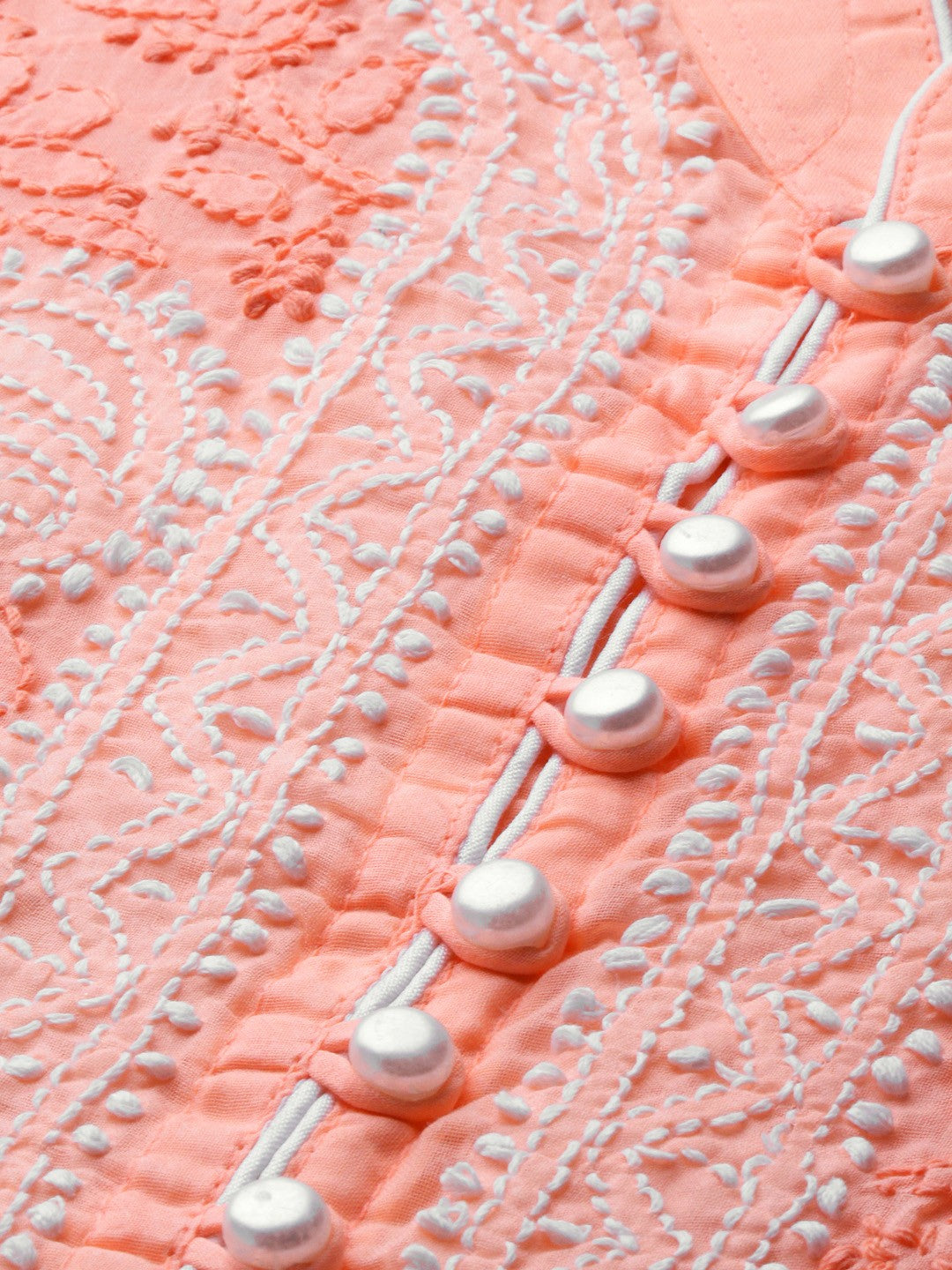 Ada Hand Embroidered Peach Cotton Lucknowi Chikankari Straight Kurta A239017