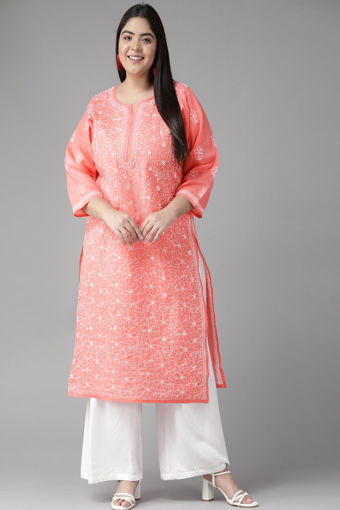 Ada Hand Embroidered Carrot Pink Cotton Lucknowi Chikankari Straight Kurta A411210