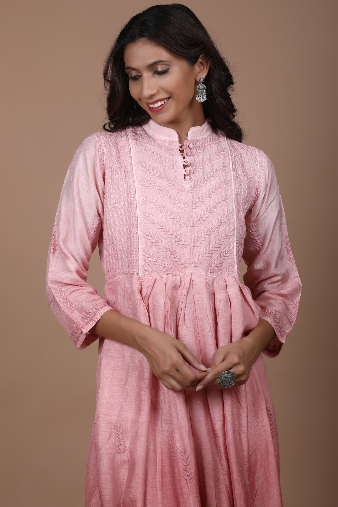 Ada Hand Embroidered Dusty Peach Chanderi Lucknowi Chikankari A-Line Kurta 01A278816