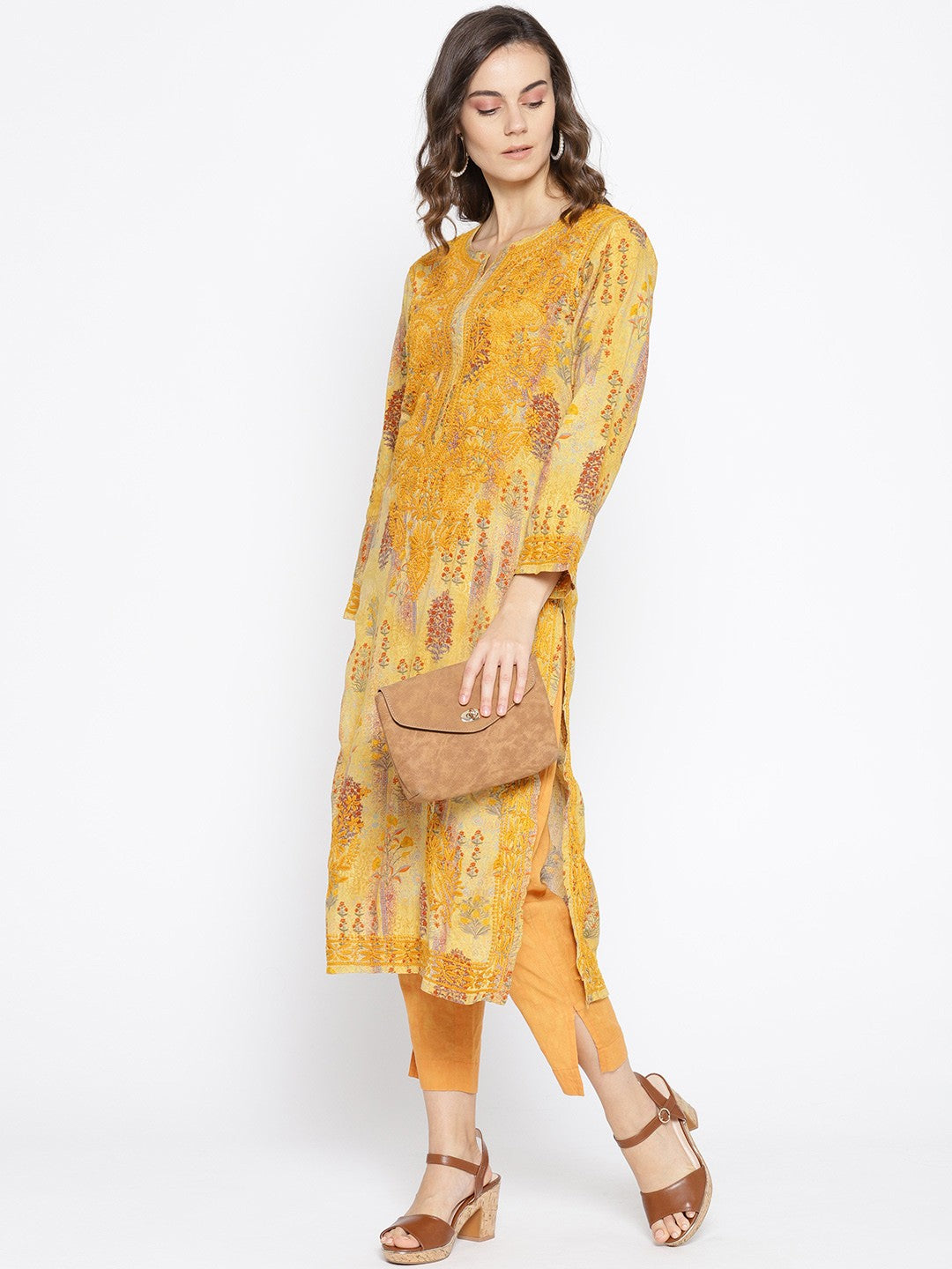 Ada Hand Embroidered Mustard Printed Cotton Chikan Kurta- A100060