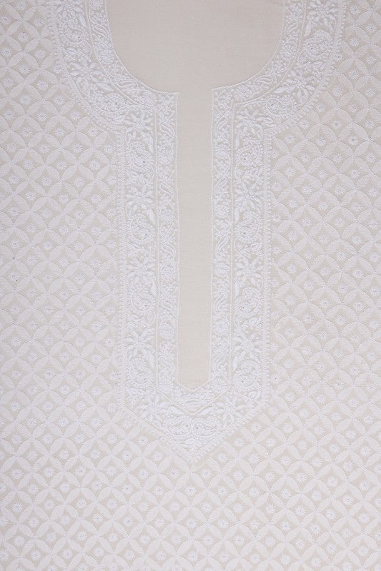 Ada Hand Embroidered White Pure Georgette Lucknowi Chikan Unstitched Men's Kurta Piece- A595431