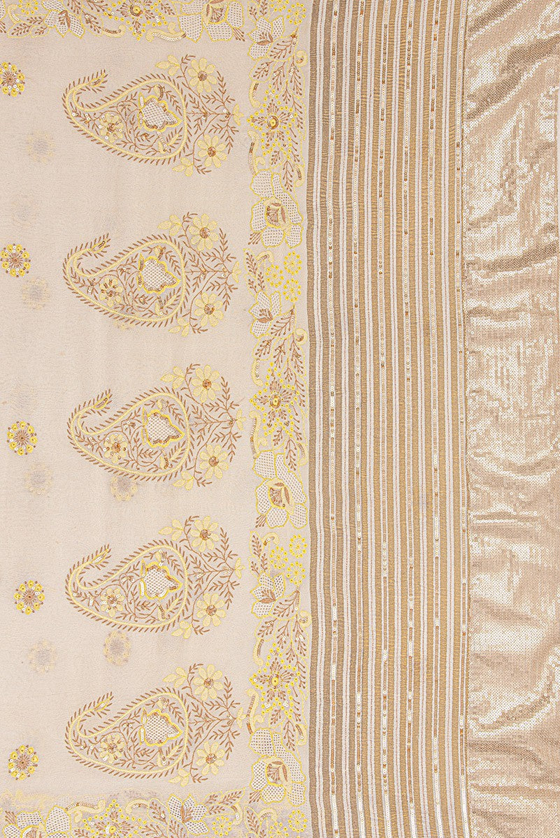 Ada Hand Embroidered Off White Pure Georgette Lucknowi Chikankari Saree/Blouse with Sequinned Work- A173764