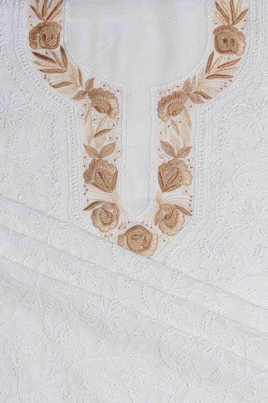 Ada Hand Embroidered White Georgette Lucknowi Chikan Unstitched Kurta Piece With Pearl Work A474897