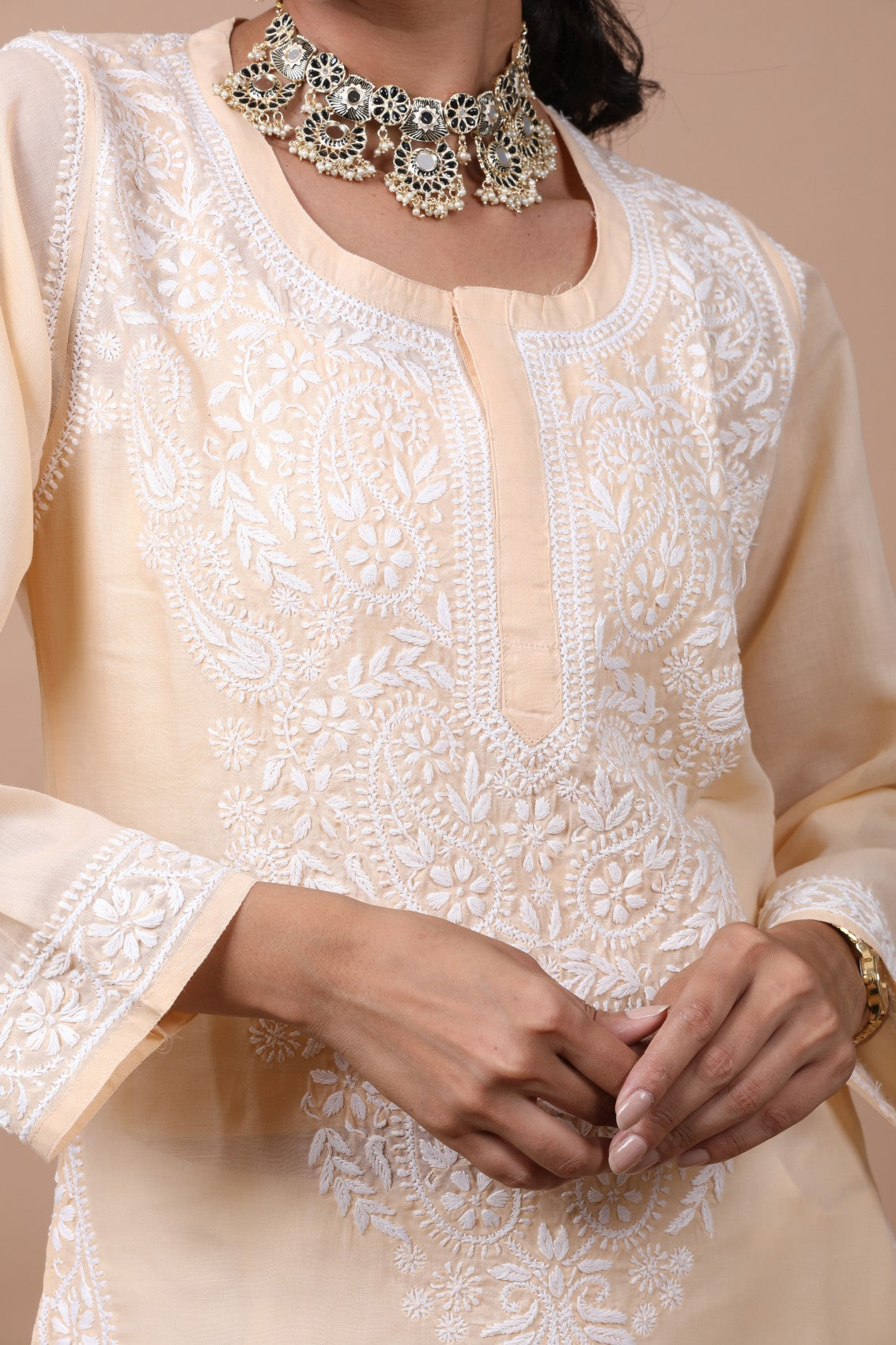 Ada Hand Embroidered Fawn Cotton Lucknowi Chikankari Straight Kurta A582030