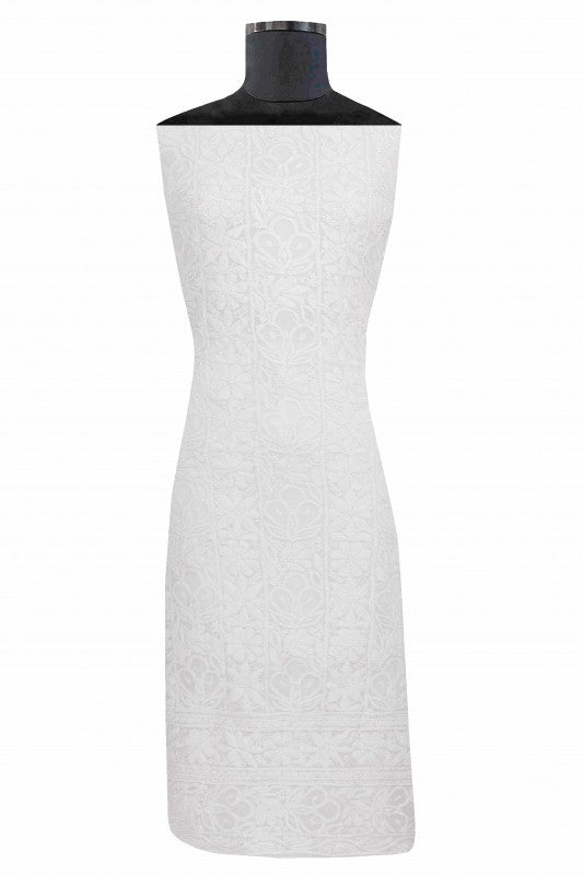 Ada Hand Embroidered White Georgette Lucknowi Chikan Unstitched Kurta Piece- A416754