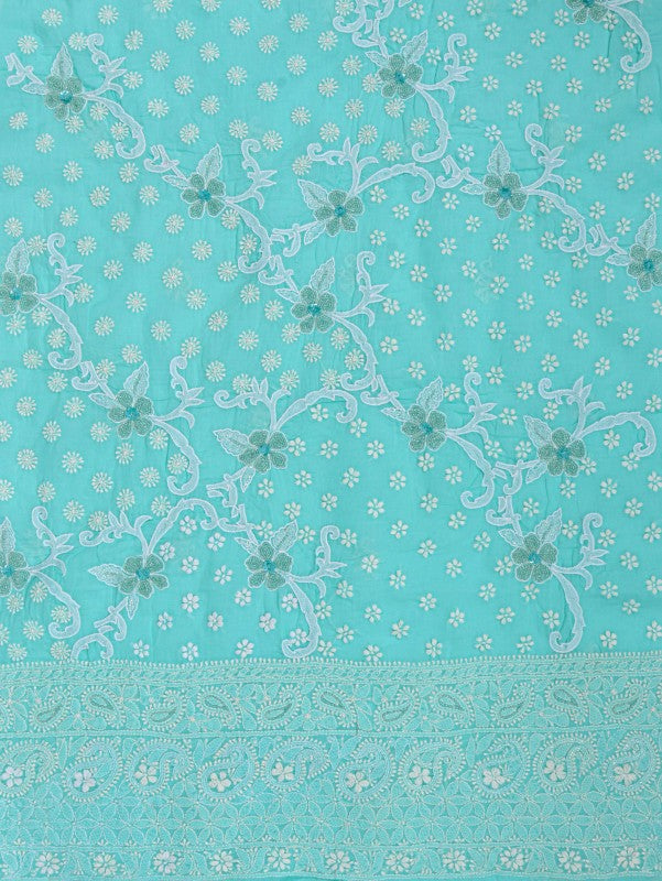Ada Hand Embroidered Sea Green Cotton Lucknowi Chikankari Unstitched Suit Piece With Pearl Work 01A184312