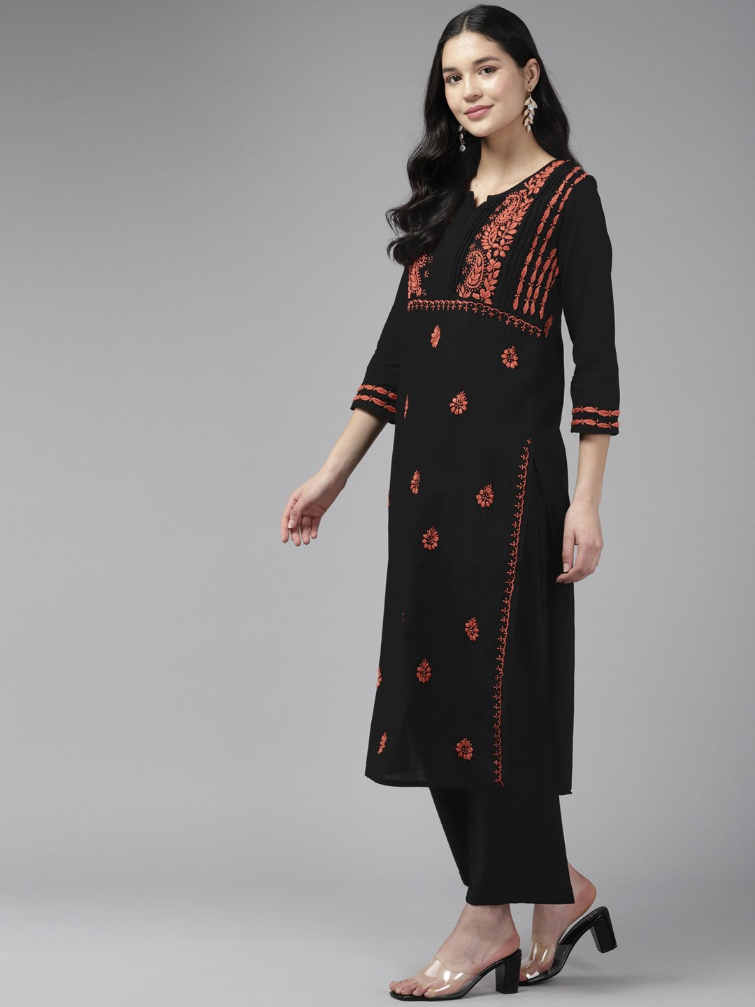 Ada Hand Embroidered Black Cotton Lucknowi Chikankari Straight Kurta A411428