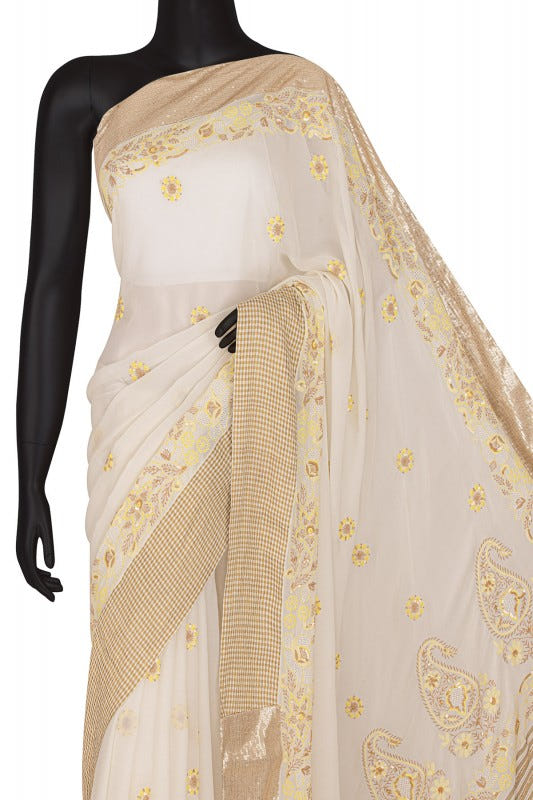 Ada Hand Embroidered Off White Pure Georgette Lucknowi Chikankari Saree/Blouse with Sequinned Work- A173764